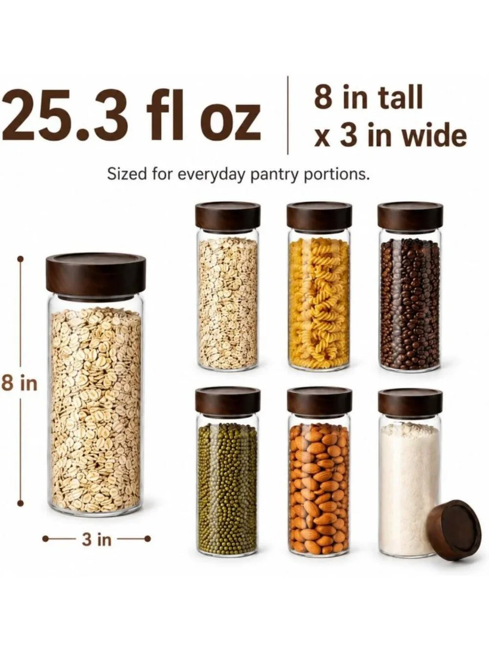 Wide Mouth Glass Storage Jars with Acacia Wood Lids - 6 Pack Airtight Food